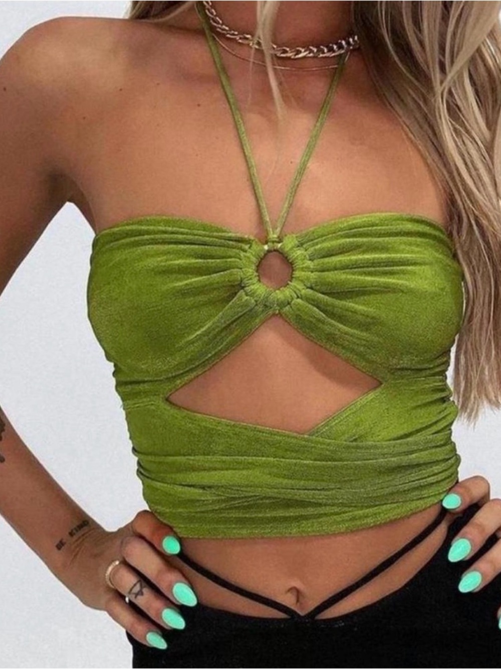 Princess Polly Loriella Ring Detail Halter Crop Top Olive Green US 4